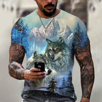 European and American men's new fashionable summer wolf roar print comfortable and breathable round neck T-shirt outdoor top