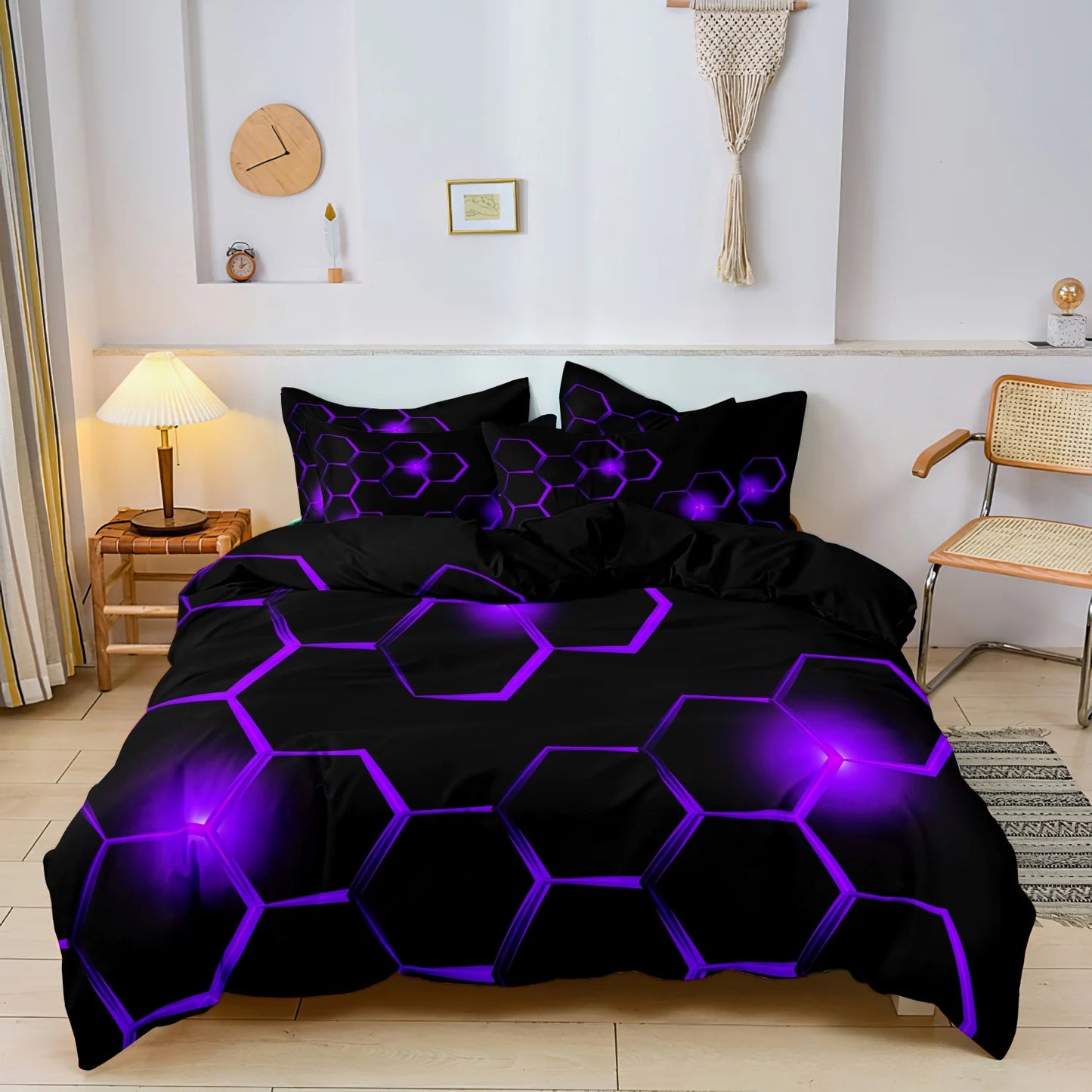 Conjunto de Capa de Edredão 3D Geométrica com Padrão Hexagonal em Favo de Mel, 3 Peças, Roupa de Cama em Poliéster Colorido com Impressão Digital e Fecho de Correr