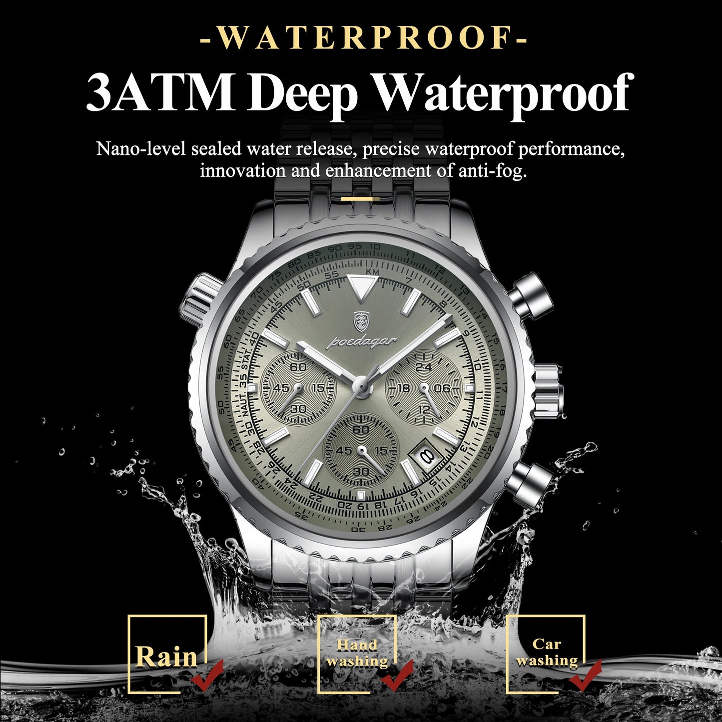 POEDAGAR Fashion Men's Quartz Watch Stainless Steel Waterproof Luminous Man Watch Chronograph Date Multifunction Watches For Men