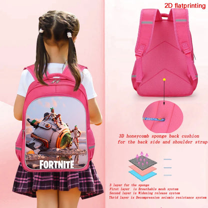 Mochila Fortnite Cartoon vermelha de 16" unissexo com fecho duplo, grande capacidade, mochila escolar para crianças, meninos e meninas dos 5 aos 8 anos