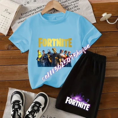 Conjunto infantil de verão Fortnite com t-shirt e calções anime, 2 peças, manga curta, algodão, casual, desportivo, presente