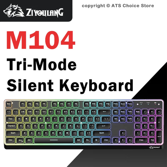 Freewolf M104 Tri-Mode Wireless Keyboard RGB 104 Keys Ultra Slim Quiet Membrane 4000mAh Large Battery for Office&Home