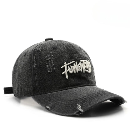 Japanese Retro Washed Denim Letter Embroidered Cap Outdoor Sports Mens Travel Sun Hat Baseball Cap Classic Versatile Comfortable