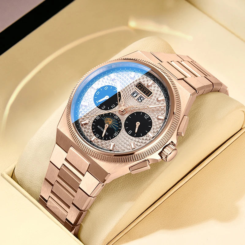 BONEST GATTI 2026 New Men's Automatic Watch 316L Stainless Steel Luminous Date Week Month 24H Display Business Mechanical Watch