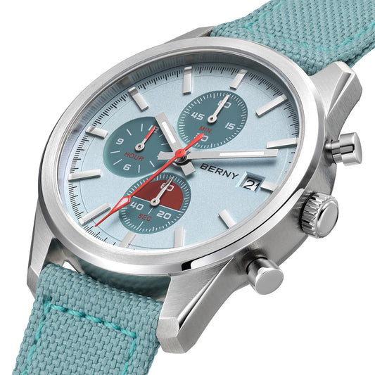BERNY Chronograph Watch for Men/Women 37mm Dial Woven Fabric Sapphire AR Coated 5ATM Fashion Sport Calendar 316L Couple Watch