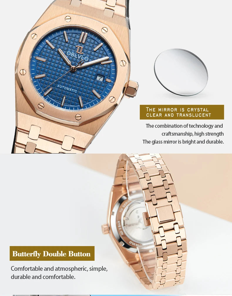 OBLVLO TM-ASP Luxury Men's Watch 41mm Blue Dial Rose Gold Automatic Luminous Waterproof Mechanical Casual Business Watch