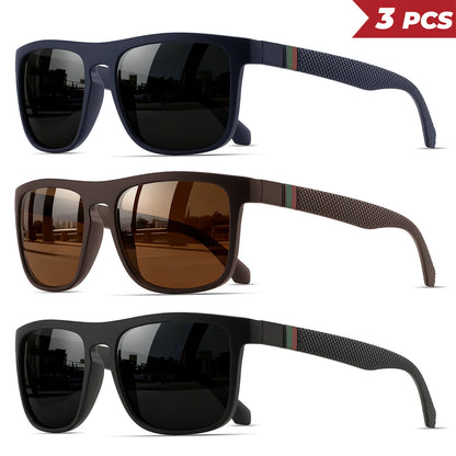 3 ks klasických retro polarizovaných čtvercových slunečních brýlí – červené/zelené pruhované stranice, UV400, unisex, pro každodenní nošení, outdoor, rybaření a řízení