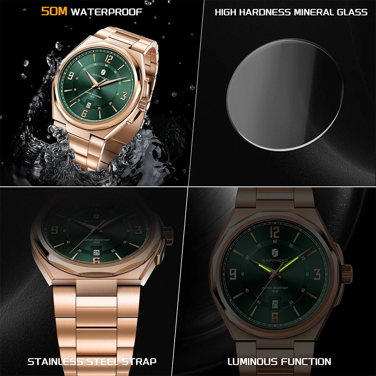 SAPPHERO Luxury Men's Watches Date Display Stainless Steel Watch Strap Men's Gifts Travel Essentials Waterproof Wristwatch