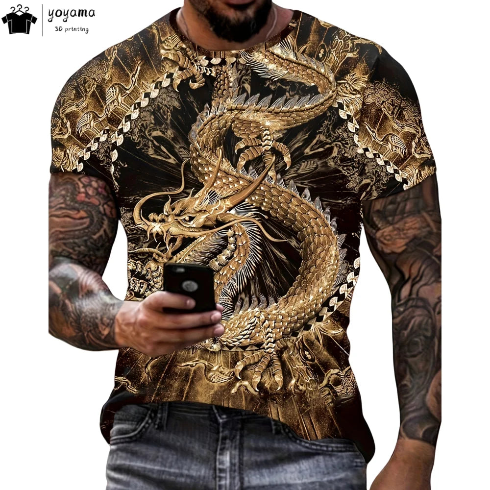 T-shirts för herr med drakmönster, kortärmad T-shirt, trendig streetwear-topp med O-ringning, djurmönster i 3D-tryck, lös och mångsidig herrklädsel