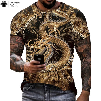 T-shirts för herr med drakmönster, kortärmad T-shirt, trendig streetwear-topp med O-ringning, djurmönster i 3D-tryck, lös och mångsidig herrklädsel