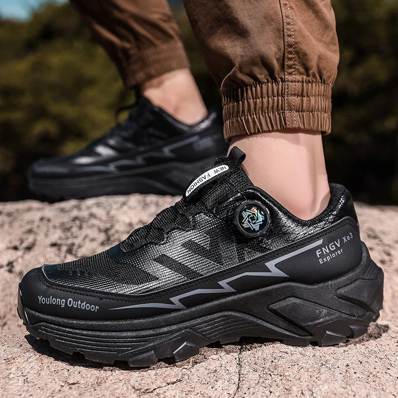 Outdoor Hiking Shoes for Men, Lightweight Trekking Shoes, Breathable Mesh Sneakers, Casual Walking Shoes, Rotating Buckle Design, Non-Slip and Wear-Resistant Trail Shoes, Suitable for Hiking and Camping, 2026 New Running Shoe