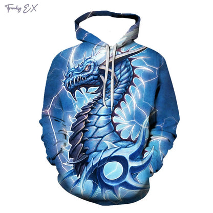 Neues 3D-Sweatshirt mit lila Flammendrachen-Grafik, Kordelzug, Pullover-Kapuze, Harajuku-Stil, Kängurutasche und langen Ärmeln für Herren