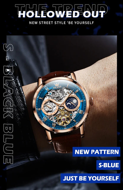 OLEVS Top Brand Men's Skeleton Mechanical Watch, Waterproof Leather Strap, Moon Phase, Automatic Tourbillon Wristwatch