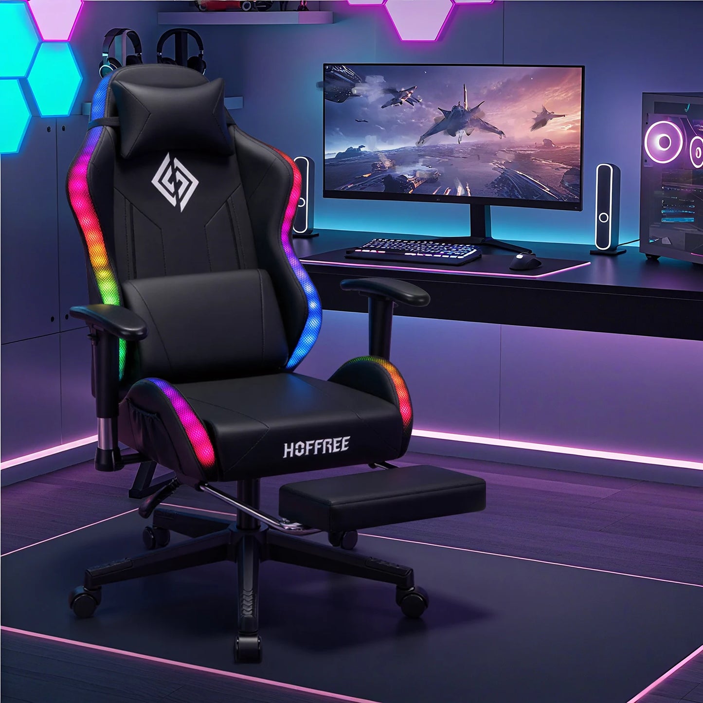 250Lbs Load LED Gaming Chair for Children 8-15Years, Adjustable Gamer Chair with LED Lighting, Footrest & Lumbar Support