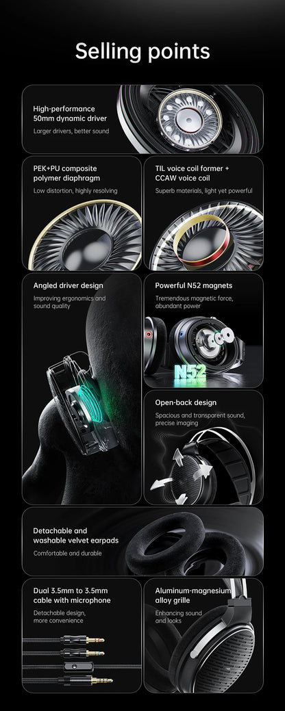 Cuffie over-ear cablate open-back FiiO JT3 con driver dinamico da 50mm HiFi e cavo rimovibile