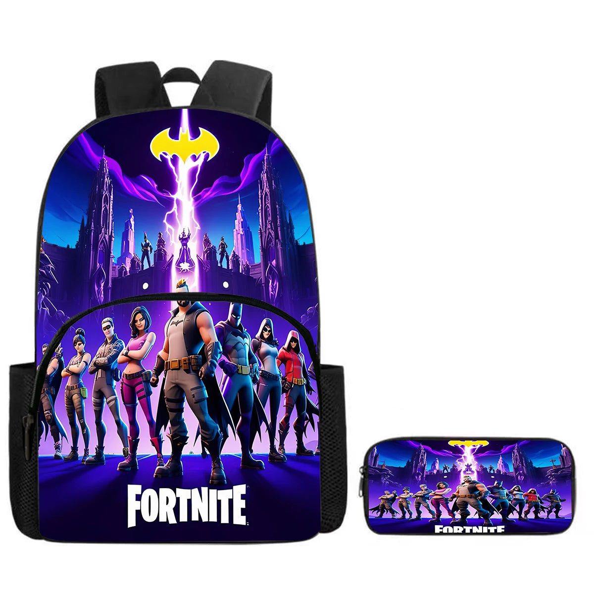 Fortnite Cartoon Backpack w/ Front Pocket & Pencil Case 2PCS - School Set for Boys Girls Age 5-8, Back to School Gift