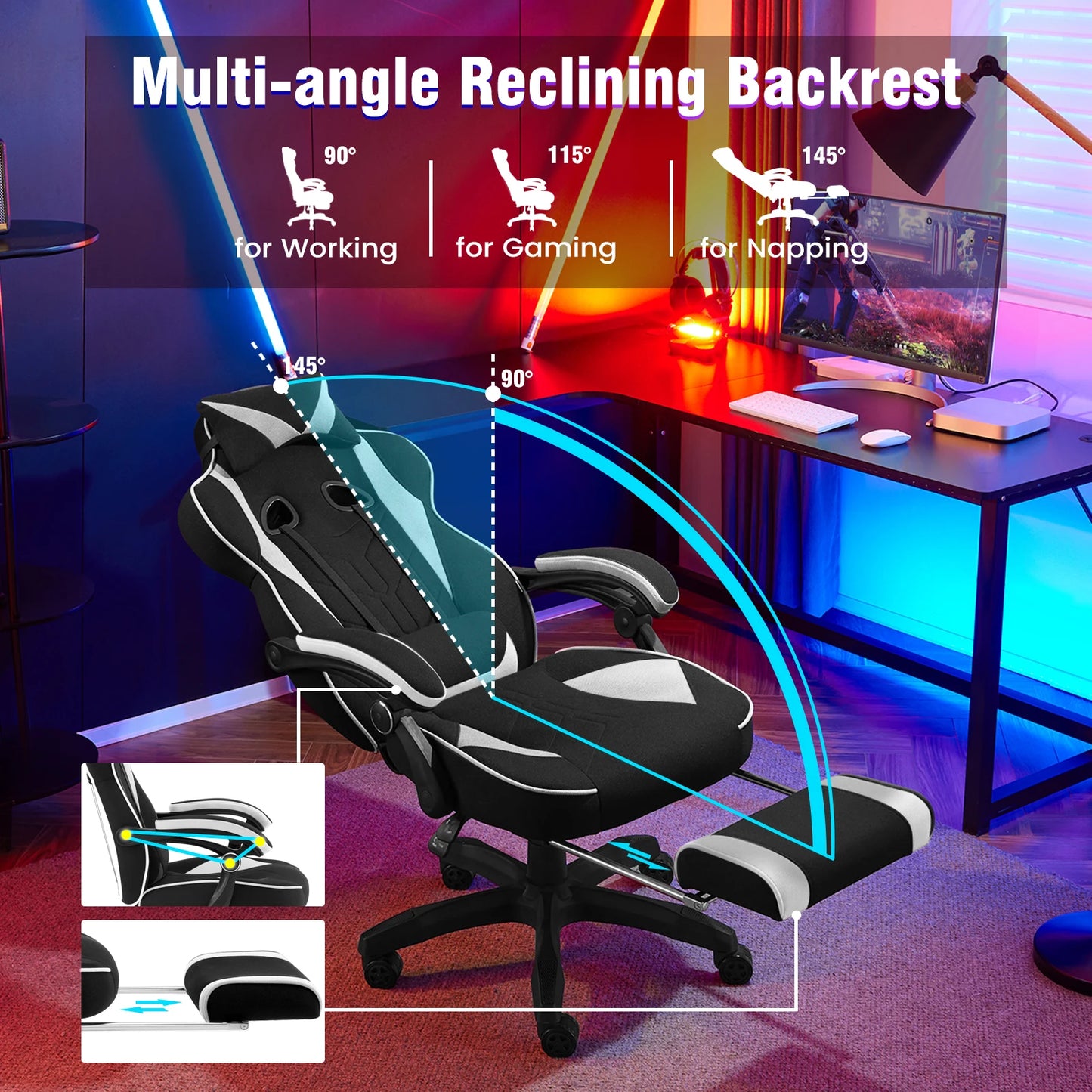 WOLTU Ergonomic Gamer Computer Chair Executive Office Chair Breathable Gaming Chair with Lumbar Cushion Headrest Footrest