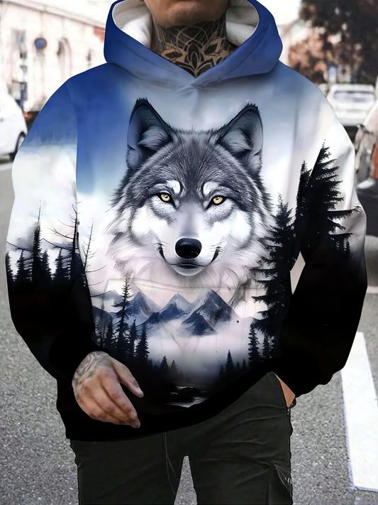 Sweatshirt com capuz para homem com gráfico de lobo animal, estampado 3D, estilo outdoor e streetwear, bolso frontal, hoodie de designer