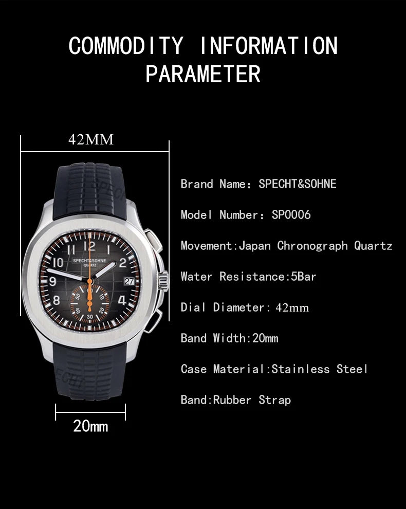 Droppshiping Products 2025 Men Watch Specht&Sohne Japan Chronograph Quartz Wristwatch Rose Gold Relogio Masculino 50M Waterproof