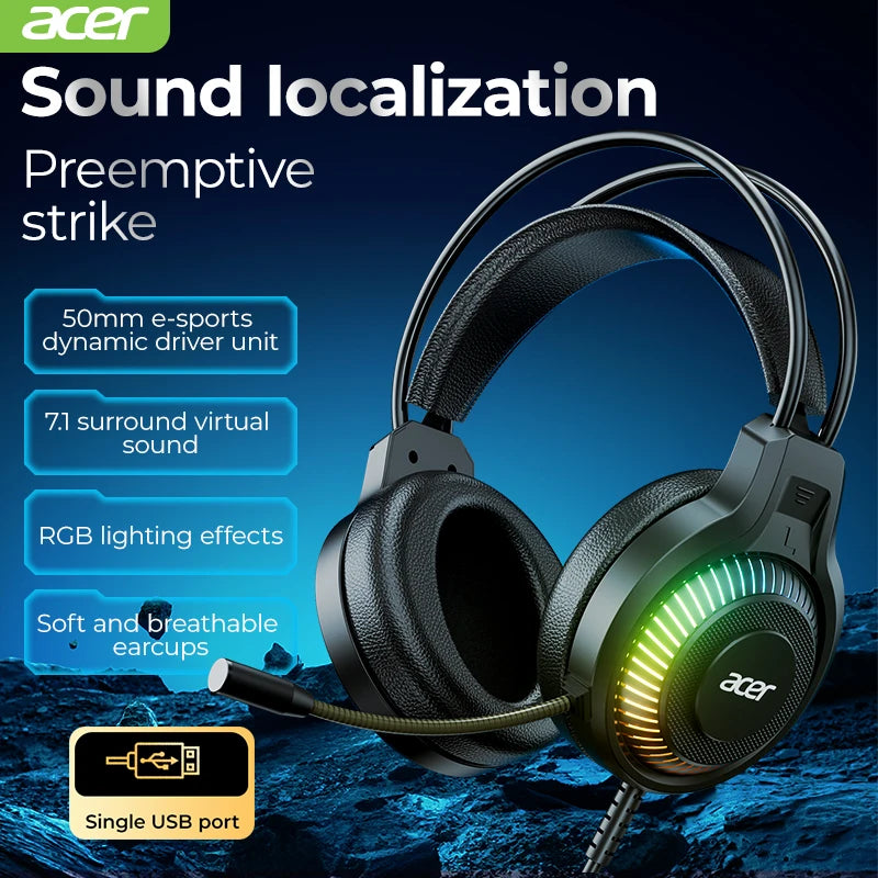 Auriculares Gaming com Fio RGB e Microfone – Headset Gaming com Som Surround de Baixa Latência, Iluminação RGB Elegante, Isolamento de Ruído e Ajuste Confortável