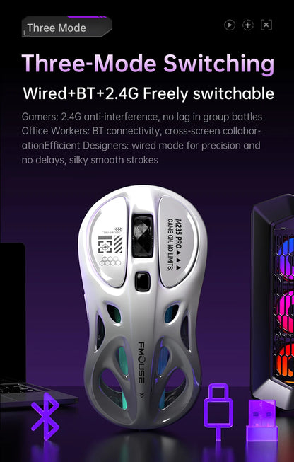 Rato Gaming Sem Fios 2.4G Trimodo RGB, Design Oco Leve com Iluminação Chroma, Com Fios/Bluetooth, Rato E-Sports Controlador