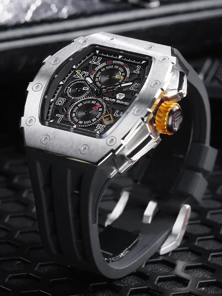 TSAR BOMBA Uhr für Herren, Luxusmarke, Tonneau-Design, wasserdichte Uhr, Edelstahl-Armbanduhr, modische rechteckige Herrenuhr