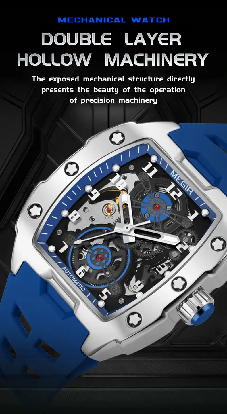 MEGIR Fashion Sport Alloy Case Men Mechanics Watch Waterproof Silicone Band Barrel Shaped Dial Luminous Pointer Man Wristwatches