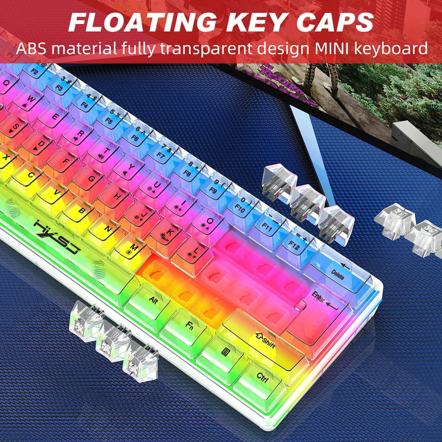 HXSJ 60% kabelgebundene transparente Gaming-Tastatur, RGB-beleuchtet, ultrakompakte wasserdichte kleine Kompakttastatur mit 61 Tasten für PC/Mac