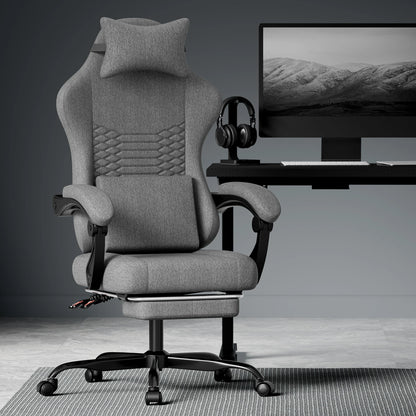 Dark Gray Fabric Gaming Chair, Massage Office Chair with Headrest, Ergonomic Racing Design, Adjustable Footrest, for PC Gamers