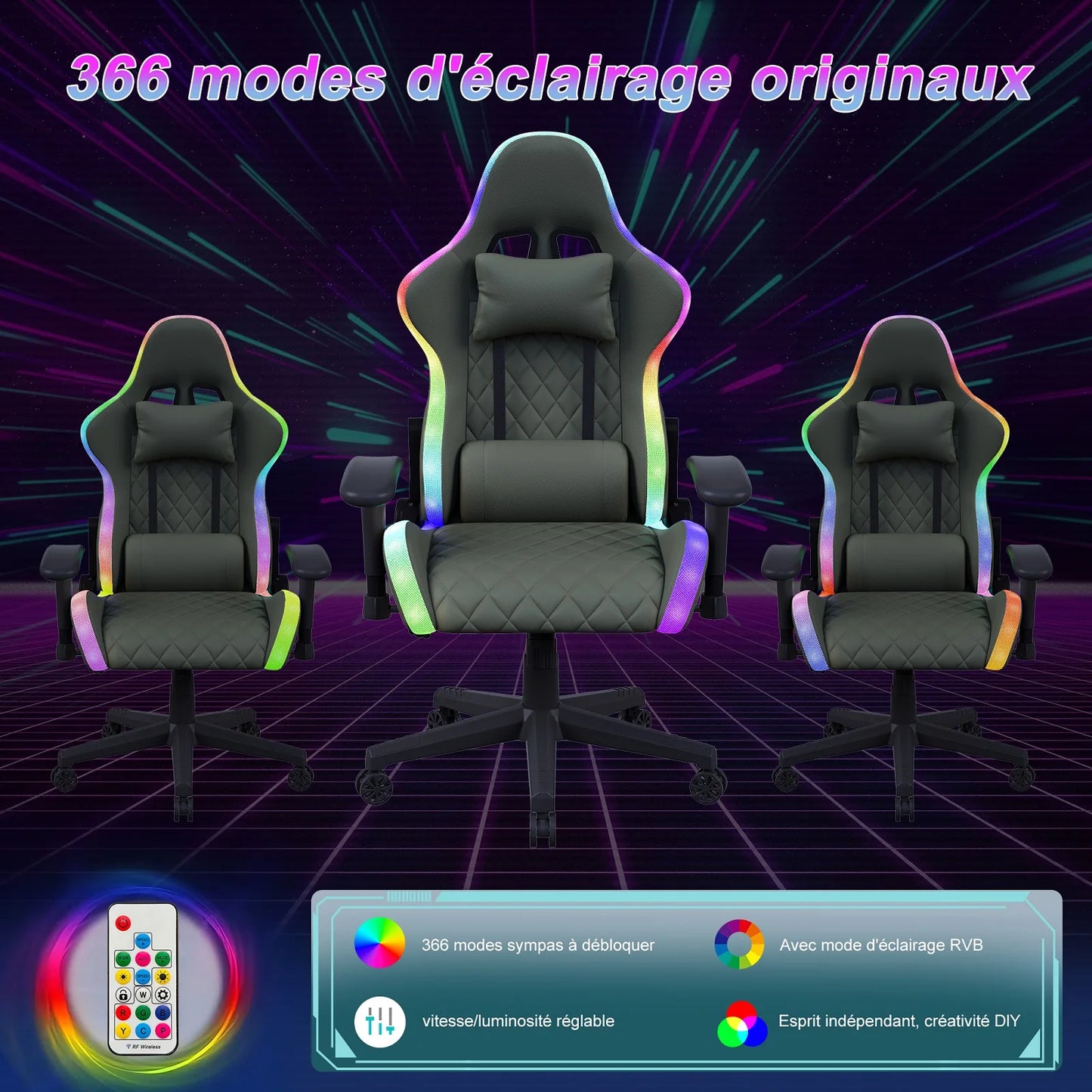 LED Gaming Chair Ergonomic PU Leather Office Chair with Adjustable Backrest, Lumbar Support Pillow, Footrest & RGB Lights