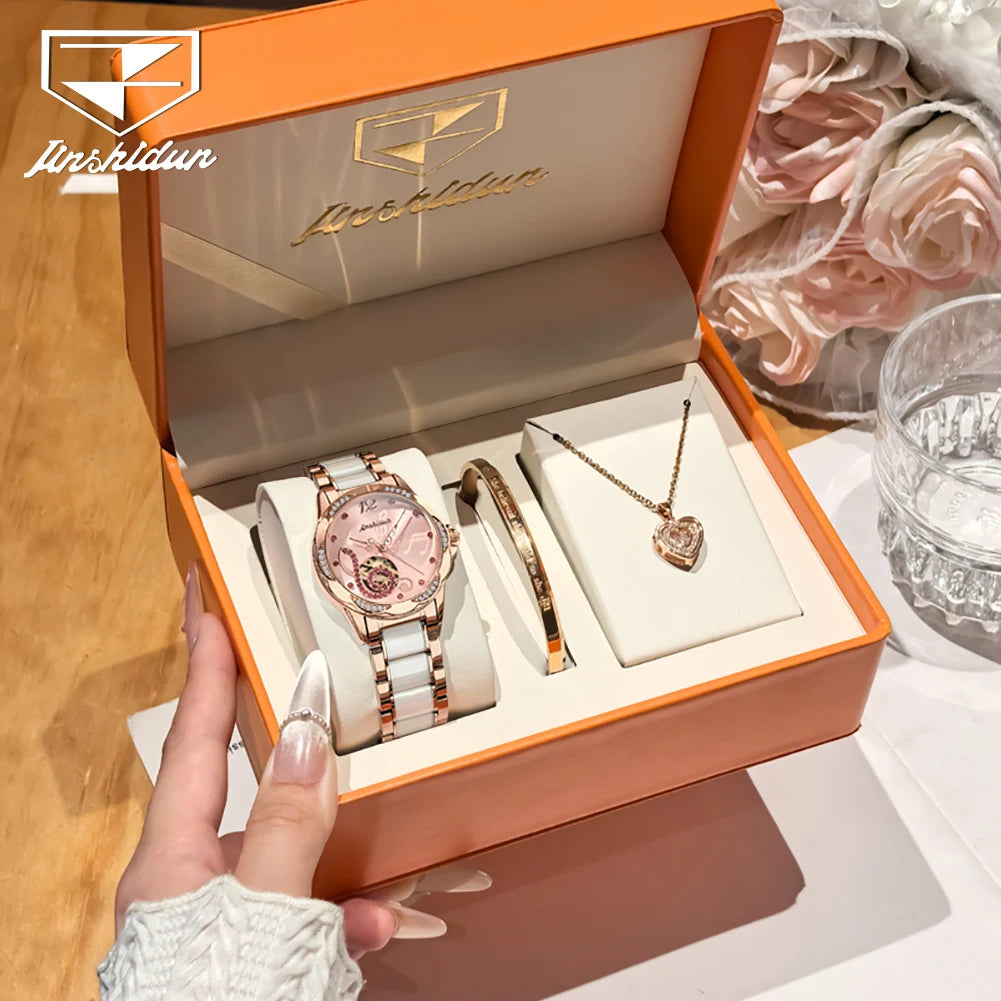 JSDUN 8820 Women Watches Mechanical Watch Luxury Elegant Original Watch Ceramics Strap Waterproof Luminous Ladies Watch Gift Box