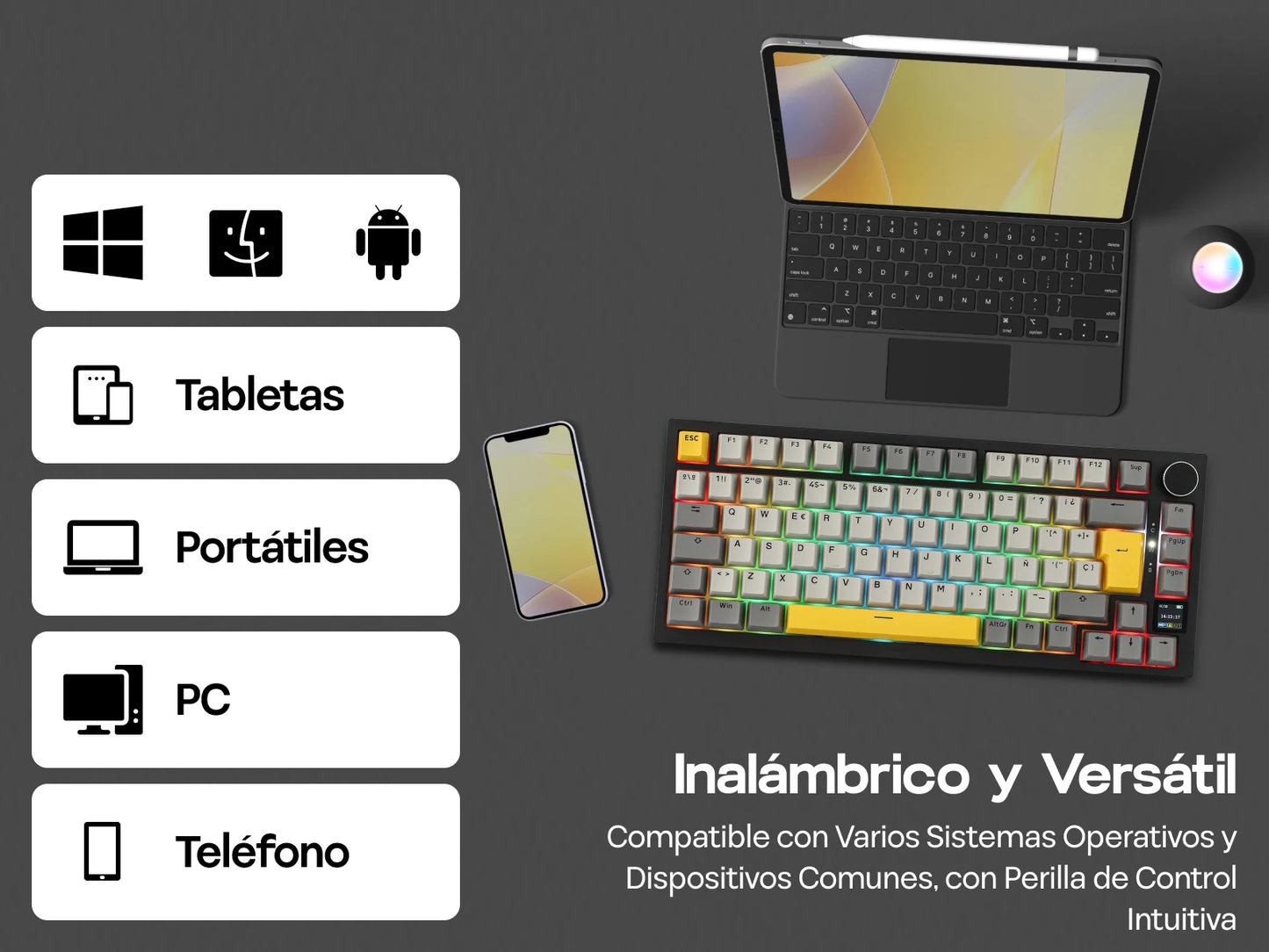 ISO-ES-Layout EPOMAKER X AJAZZ AK820 PRO 75% Spanisches Layout Kabelgebundene/2.4GHz/BT mechanische Tastatur mit Display & Drehregler für PC/Mac