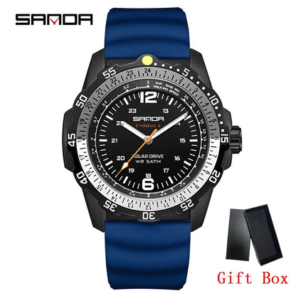 SANDA Luxury Men's Solar-powered Watch Creative Quartz Dial Luminous Hands Waterproof Sport Student Wristwatch Innovative Design