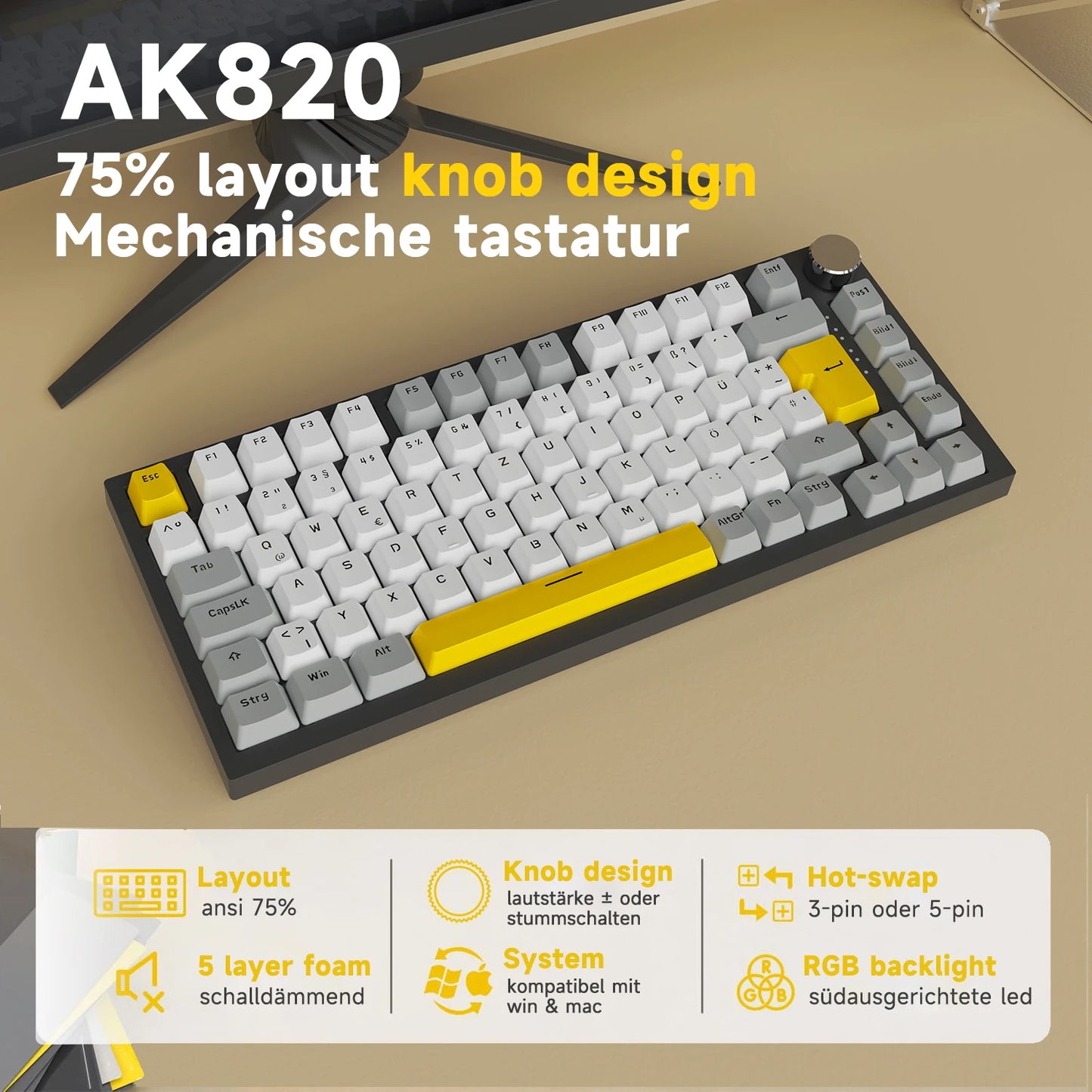 AJAZZ AK820 75% kabelgebundene mechanische Tastatur: Hot-Swap-fähig, RGB-/Weiß-/Eisblau-Hintergrundbeleuchtung, Steuerung per Lautstärkeregler | Für Büro & Gaming