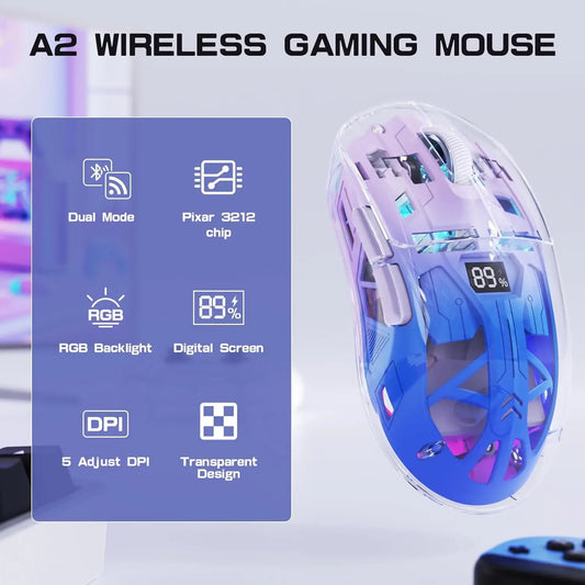 A2 prozirni bežični gaming miš, BT 5.0/2.4G punjivi RGB miš za PC s digitalnim zaslonom, PixArt 3212, 5 podesivih DPI postavki