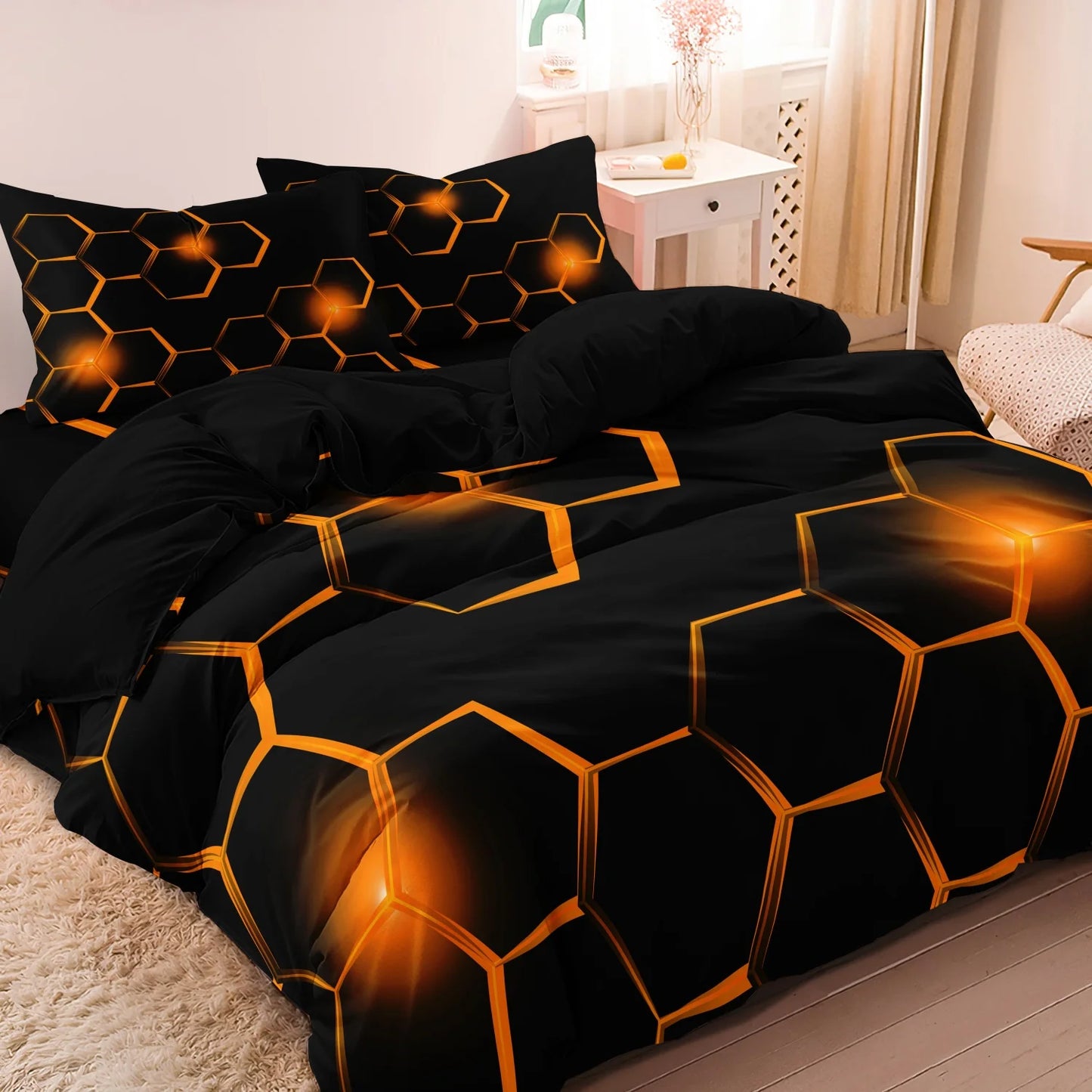 Conjunto de Capa de Edredão 3D Geométrica com Padrão Hexagonal em Favo de Mel, 3 Peças, Roupa de Cama em Poliéster Colorido com Impressão Digital e Fecho de Correr