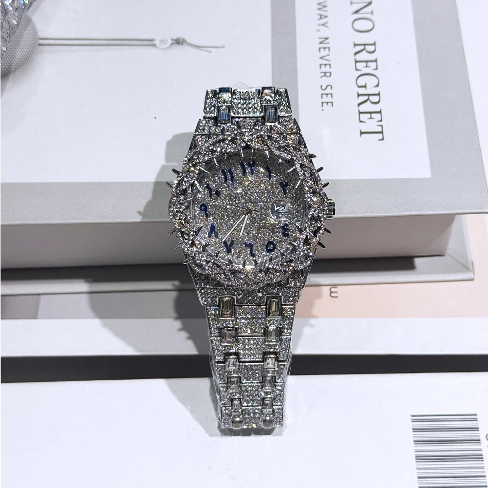 Luxury Full Diamond Men's Quartz Watch Thorn Bracelet Hip Hop Style Date Display with Luminous Function Men business Wristwatch