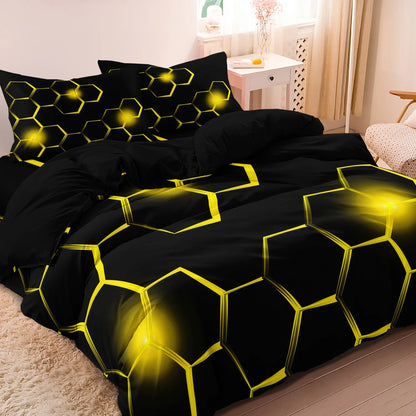 Conjunto de Capa de Edredão 3D Geométrica com Padrão Hexagonal em Favo de Mel, 3 Peças, Roupa de Cama em Poliéster Colorido com Impressão Digital e Fecho de Correr