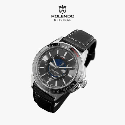 ROLENDO 1908 Men Automatic Mechanical Watch 21 Jewels Black Genuine Leather Business Wristwatch Waterproof Luxury Male Timepiece