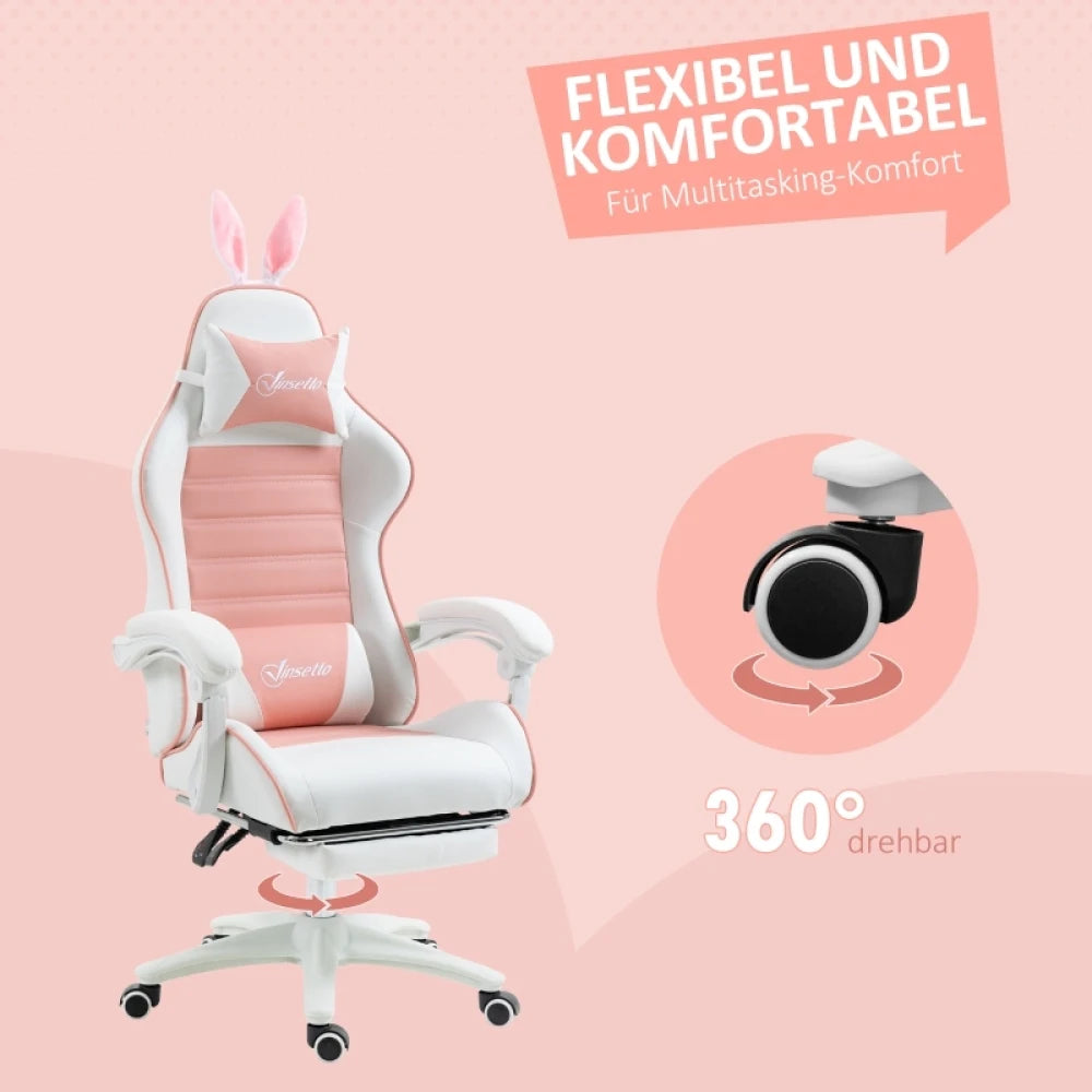 Ergonomic Gaming Chair, Reclinable Gamer Chair 135 ° , Footrest, Lumbar Cushion and Headrest, Adjustable Height, Pink