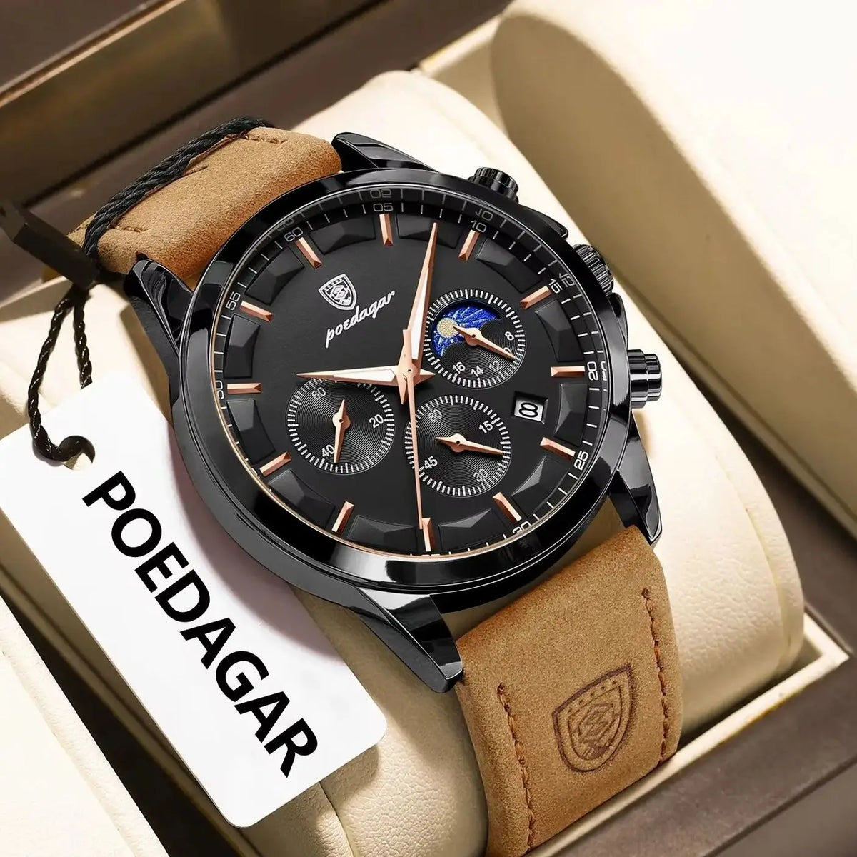 Montre-bracelet de luxe élégante pour homme POEDAGAR, étanche, chronographe, date lumineuse, bracelet en cuir, mouvement à quartz, montre de sport pour homme