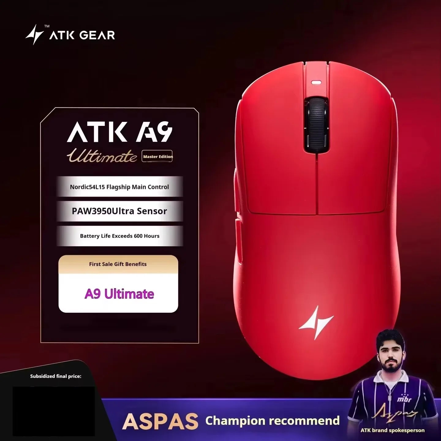 Mouse gaming wireless ATK A9 con tecnologia NearLink, ergonomico, PAW3395, tri-mode Bluetooth a bassa latenza, mouse esports per PC