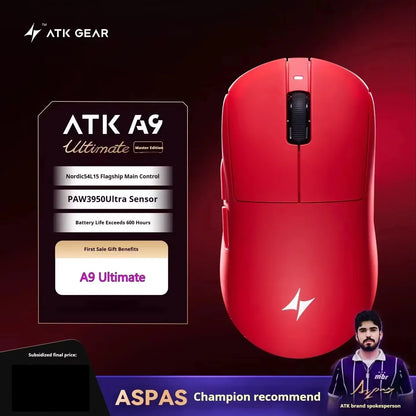 Mouse gaming wireless ATK A9 con tecnologia NearLink, ergonomico, PAW3395, tri-mode Bluetooth a bassa latenza, mouse esports per PC