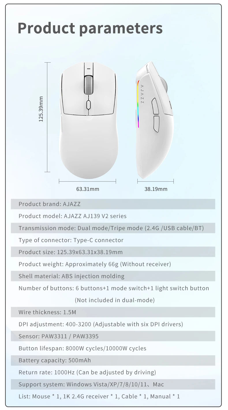 AJAZZ AJ139Pro/AJ139V2MC Wireless Mouse PMW3395/PAW3311 Chipset 12000-26000Dpi Professional Gaming Mouse