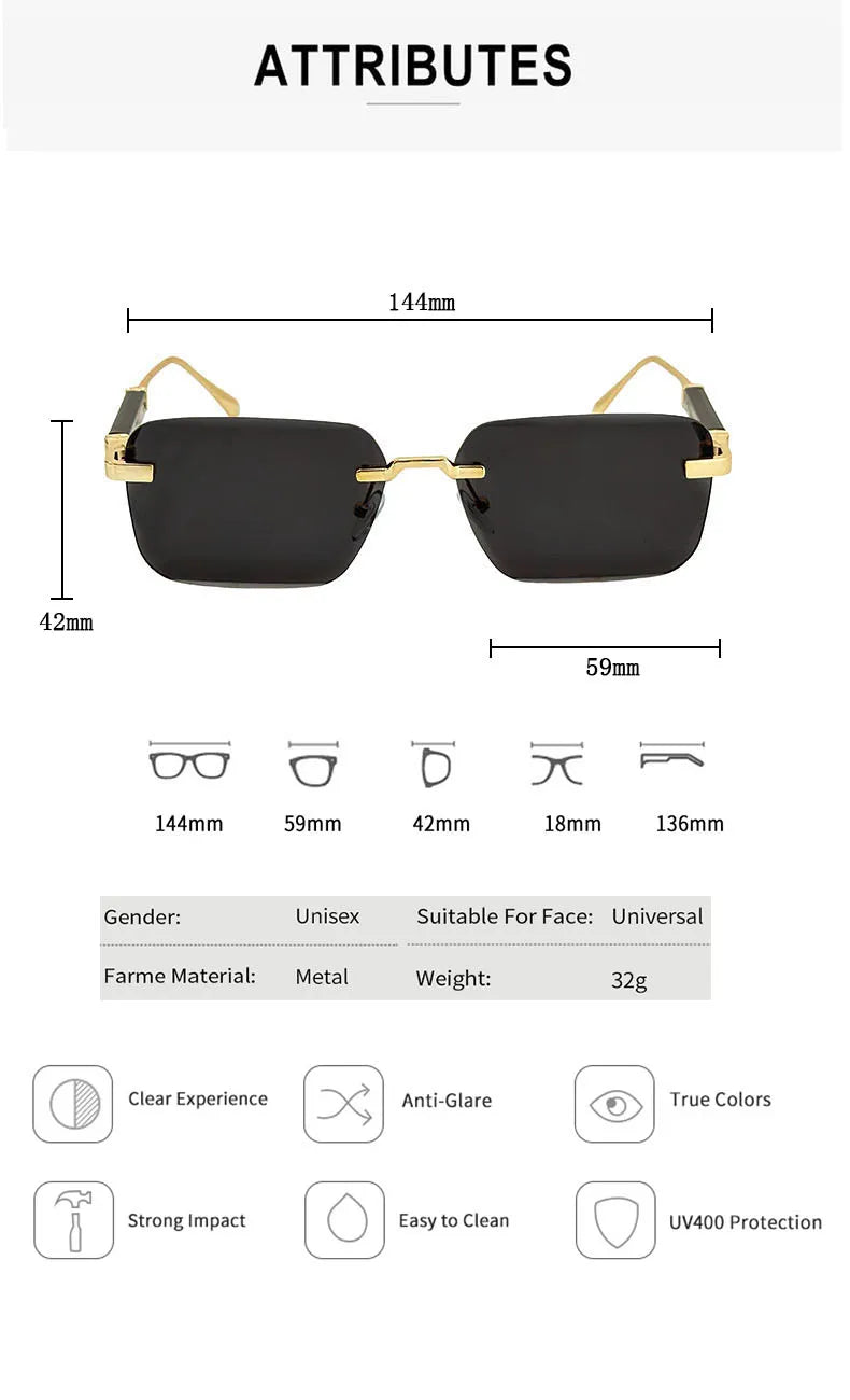 Čtvercové sluneční brýle pro ženy, trendy vintage designové bezrámové sluneční brýle pro muže, módní brýle na dovolenou, Lentes De Sol Mujer