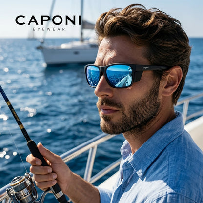 CAPONI Polarizované pánské sluneční brýle pro outdoorové sporty a rybaření, čtvercové, odolné proti oleji a vodě, modré HD čočky, černé obroučky CP36505