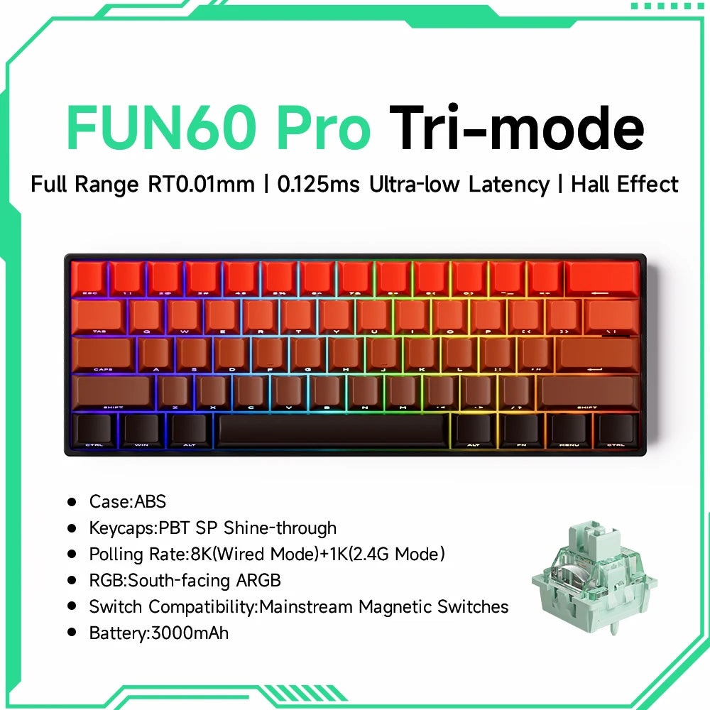 Teclado mecánico MONSGEEK FUN60 PRO&MAX HE con interruptores magnéticos, teclado gaming inalámbrico 60%, Rapid Trigger 8K ARGB personalizable