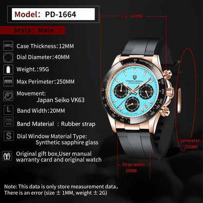 PAGANI DESIGN New Gold Blue Luxury Quartz Watch For Men Gift Box VK63 Movt Chronograph Sapphire Crystal Stainless Steel Watch