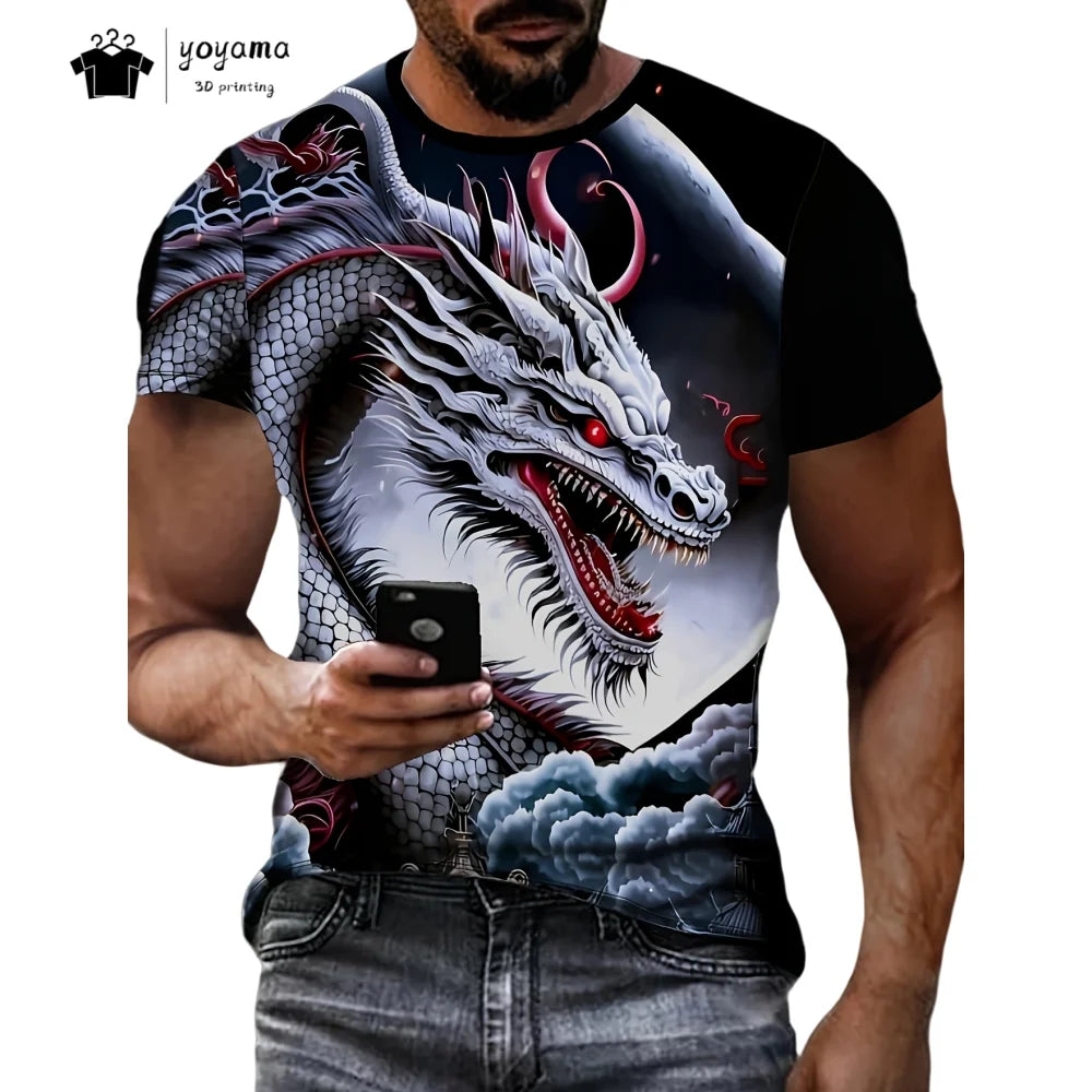 T-shirts för herr med drakmönster, kortärmad T-shirt, trendig streetwear-topp med O-ringning, djurmönster i 3D-tryck, lös och mångsidig herrklädsel