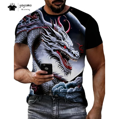 T-shirts för herr med drakmönster, kortärmad T-shirt, trendig streetwear-topp med O-ringning, djurmönster i 3D-tryck, lös och mångsidig herrklädsel